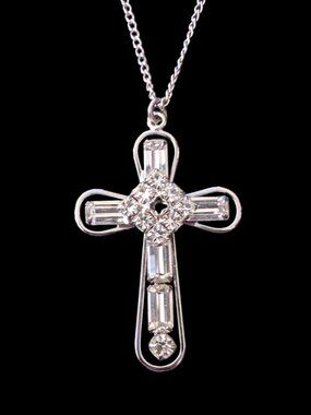 Vintage 1950s 925 Sterling 43mm Ornate Cross Pendant 18" Chain Necklace